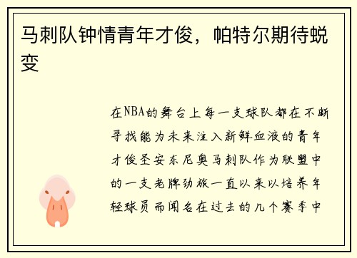 马刺队钟情青年才俊，帕特尔期待蜕变