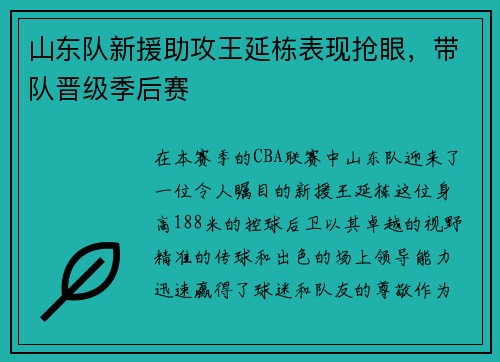 山东队新援助攻王延栋表现抢眼，带队晋级季后赛