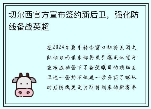 切尔西官方宣布签约新后卫，强化防线备战英超